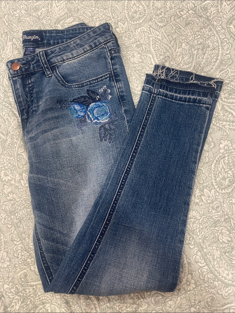 Wrangler Women’s High-Rise Jeans with Blue Floral Cross-Stitch